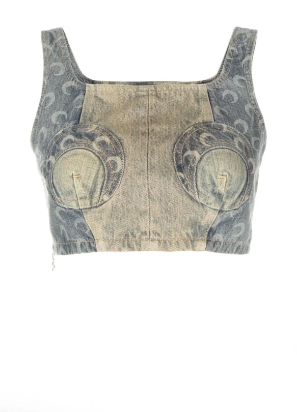 main_image_ Top denim de patchwork con diseño de luna creciente para mujer.