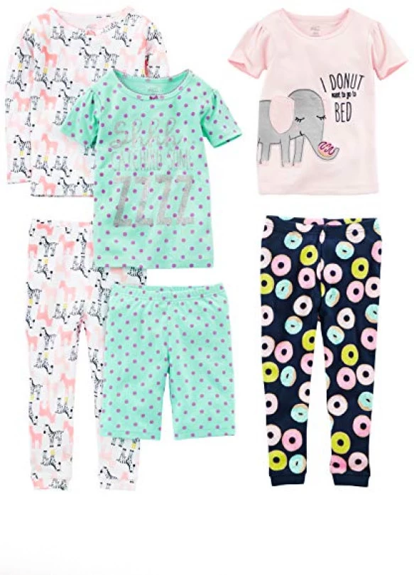 main_image_Simple Joys by Carter's 6-Piece Snug Fit Cotton Pajama Set Conjunto de Pijama, Azul Marino Dónut/Blanco Cebra/Rosa Elefante/Verde Lunares, 4 años (Pack de 3) para Niñas