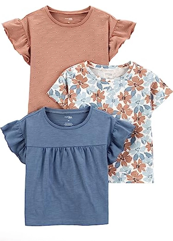 main_image_Simple Joys by Carter's Short-Sleeve Shirts and Tops, Pack of 3 Camiseta, Blanco Floral/Marrón Lunares/Tejano, 5-6 años (Pack de 3) para Niñas